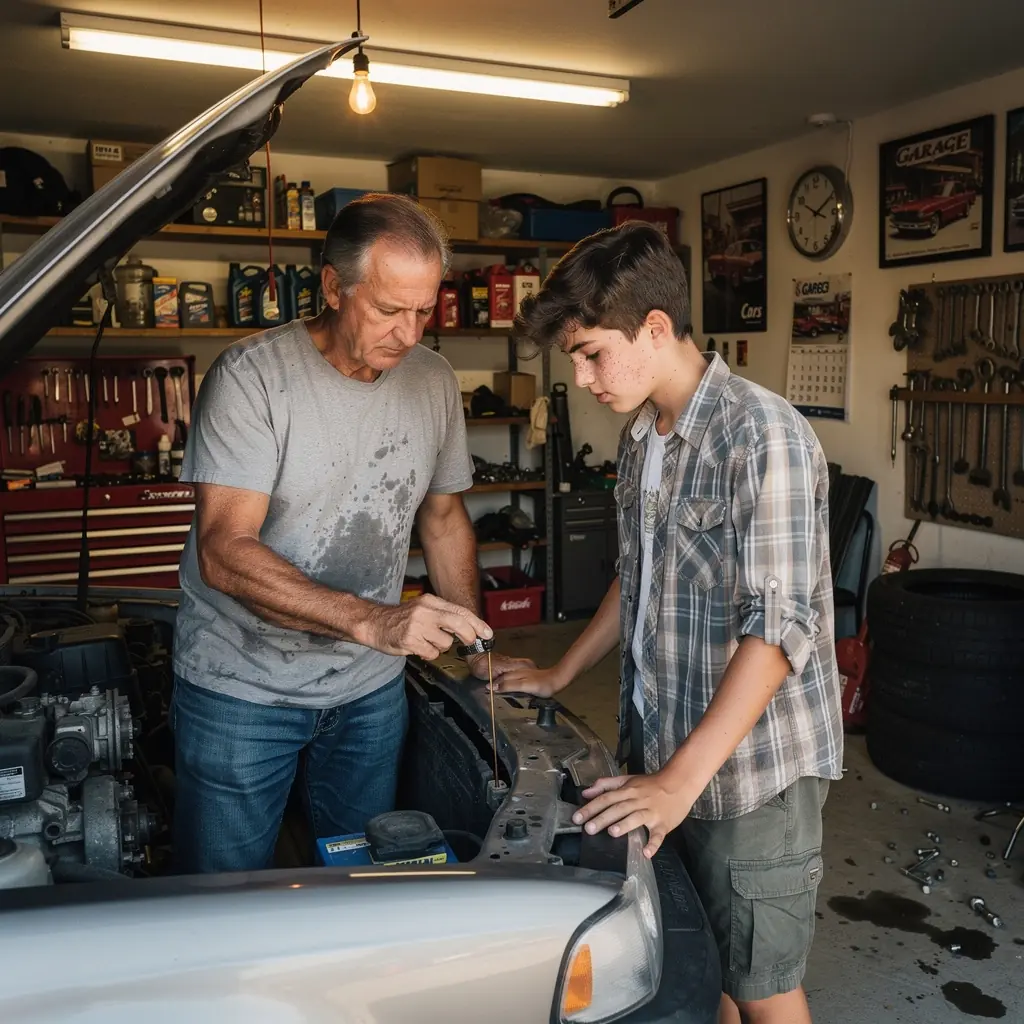 Автомобиль, покрытый страховкой, стоит на фоне города.